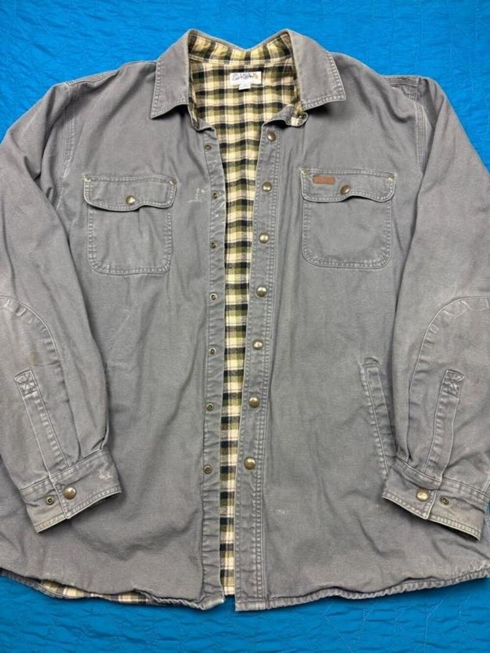 Carhartt Jacket Mens XLT Gray Canvas Flannel Lined Snap Front Workwear Outdoor